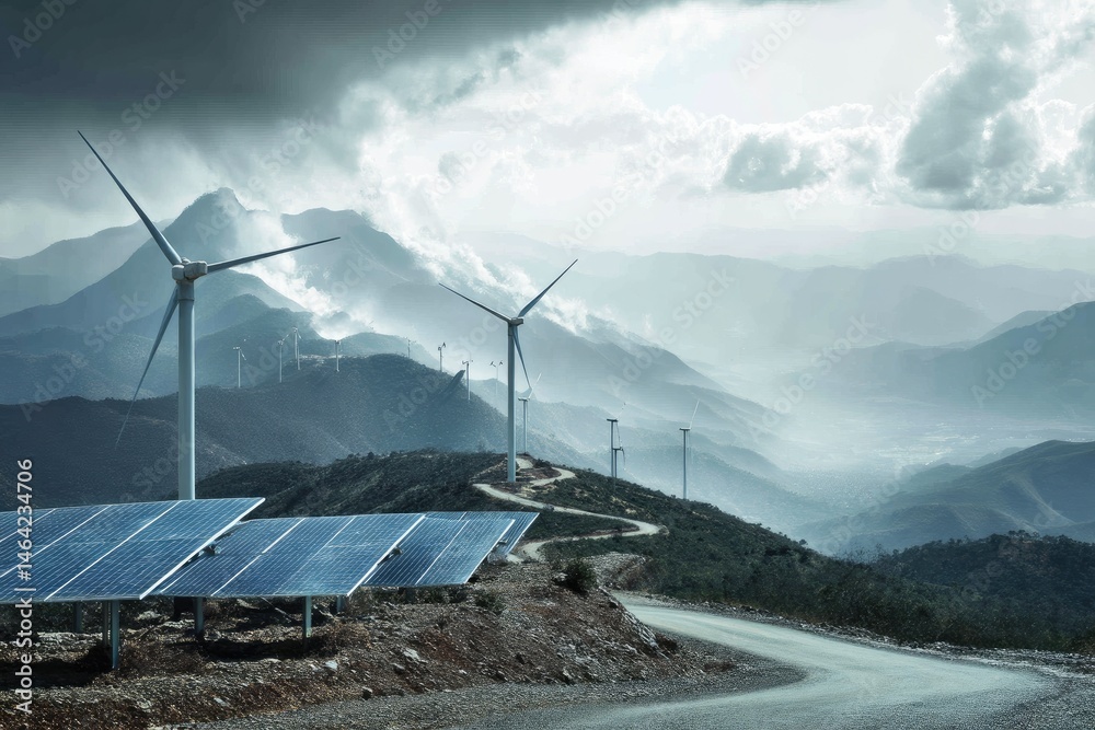 Fototapeta premium A Symphony of Sustainability Wind Turbines and Solar Panels Amidst Mountain Majesty