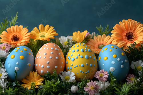 Obraz na płótnie Colorful Easter Egg Arrangement in Vibrant Spring Floral Display for Seasonal Decor w salonie