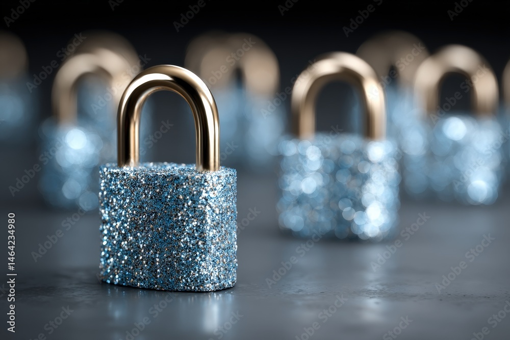 Fototapeta premium Sparkling blue padlock symbolizing security and trust against a blurred backdrop of additional locks reflecting innovative design and modern aesthetics presenting safety in a vibrant visual