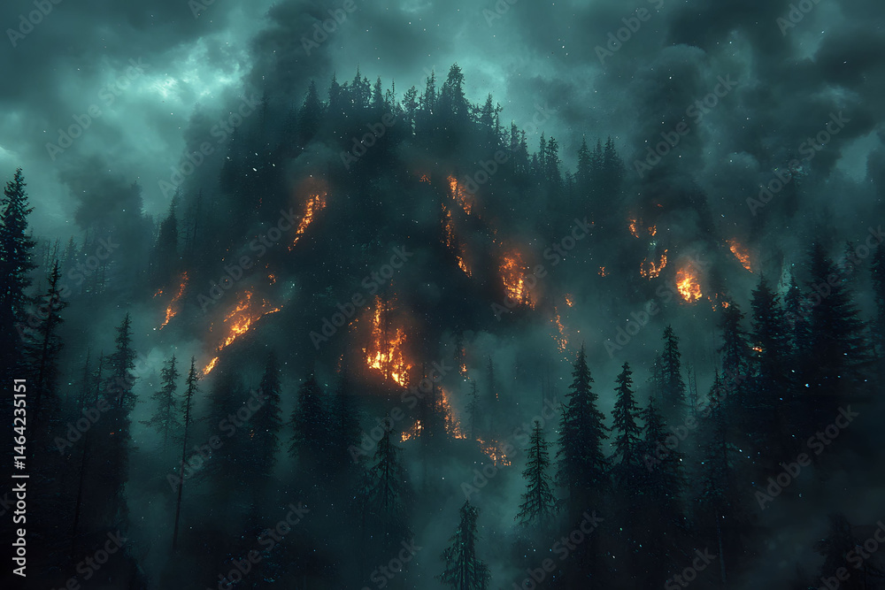 Dramatic Wildfire in Dense Forest Amid Heavy Smoke and Dark Sky