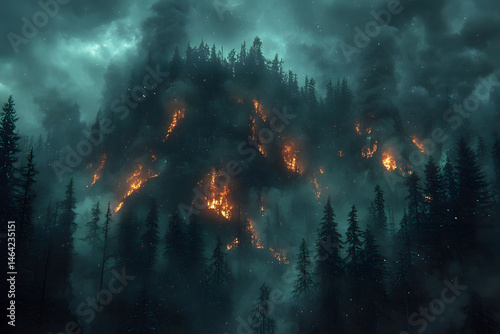 Dramatic Wildfire in Dense Forest Amid Heavy Smoke and Dark Sky
