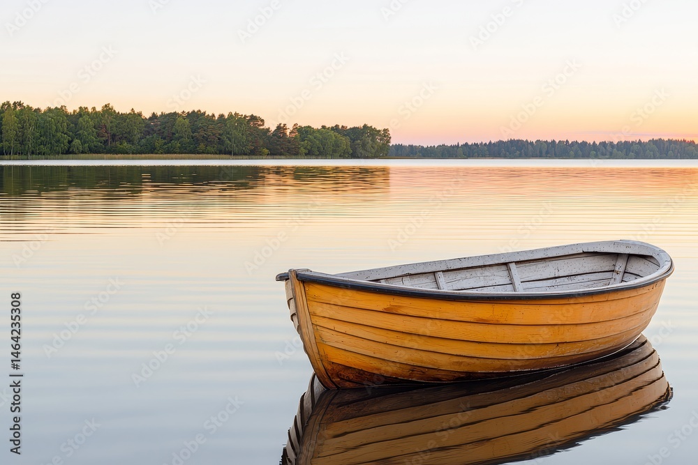 Obraz premium Serene lake with a wooden boat at sunset reflecting in calm water. Summer landscapes and scene serene, sunshine, idyllic, panoramic concept.