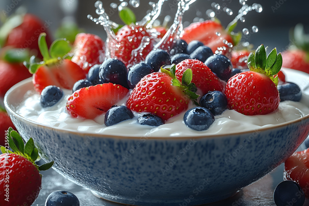 Fresh Summer Berries in Yogurt Splash for Healthy Breakfast Concept