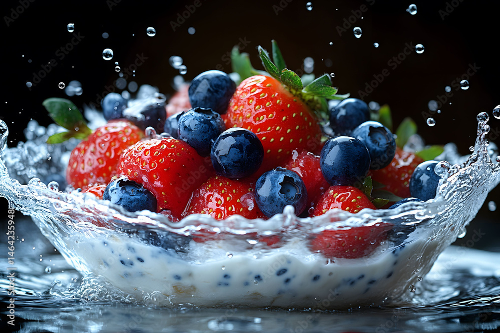 Fresh Berries Splashing in Milk for Refreshing Summer Design and Print