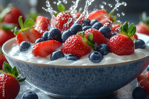 Obraz na płótnie Fresh Summer Berries in Yogurt Splash for Healthy Breakfast Concept w salonie
