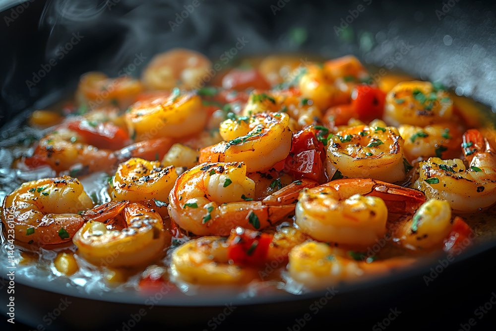Juicy Garlic Shrimp Sizzling in Pan with Herbs and Seasoning
