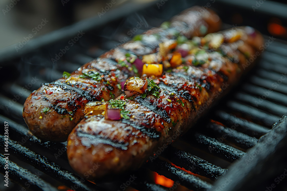 Grilled Sausages with Peppers and Onions on Barbecue Grill - Perfect for Summer BBQ and Outdoor Cooking