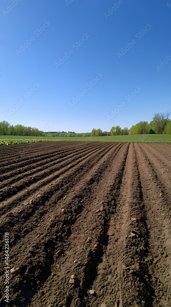 Vast Expanse of Freshly Tilled Land Under a Clear Sky Awaits New Crops
