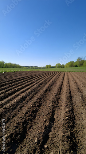 Obraz na płótnie Vast Expanse of Freshly Tilled Land Under a Clear Sky Awaits New Crops w salonie