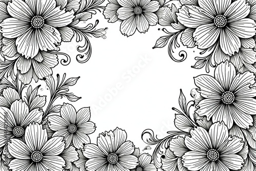 Intricate line art floral pattern, black and white, illustration, sophisticated
