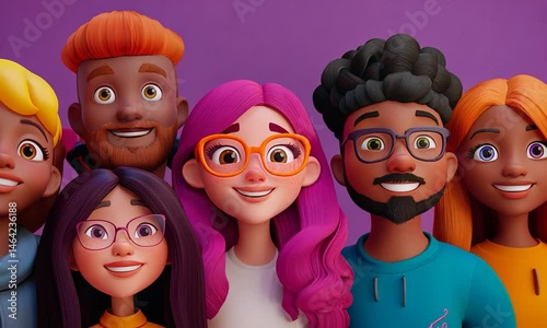 A diverse group of animated friends smiling together against a vibrant purple background