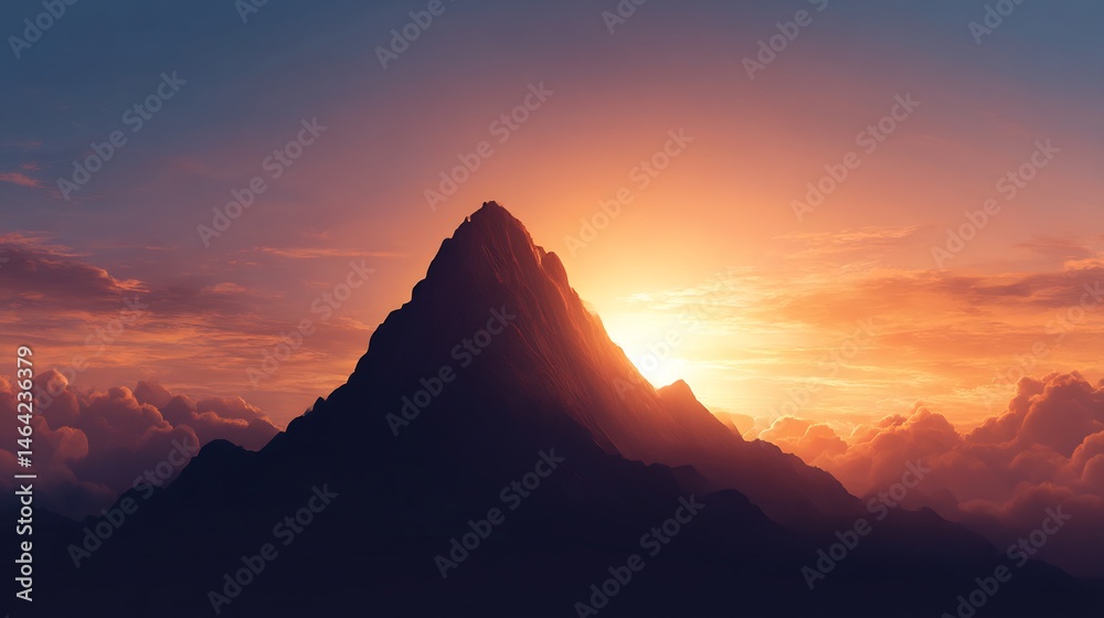 Fototapeta premium Majestic Mountain Peak Silhouette Against a Vibrant Sunset Sky Landscape