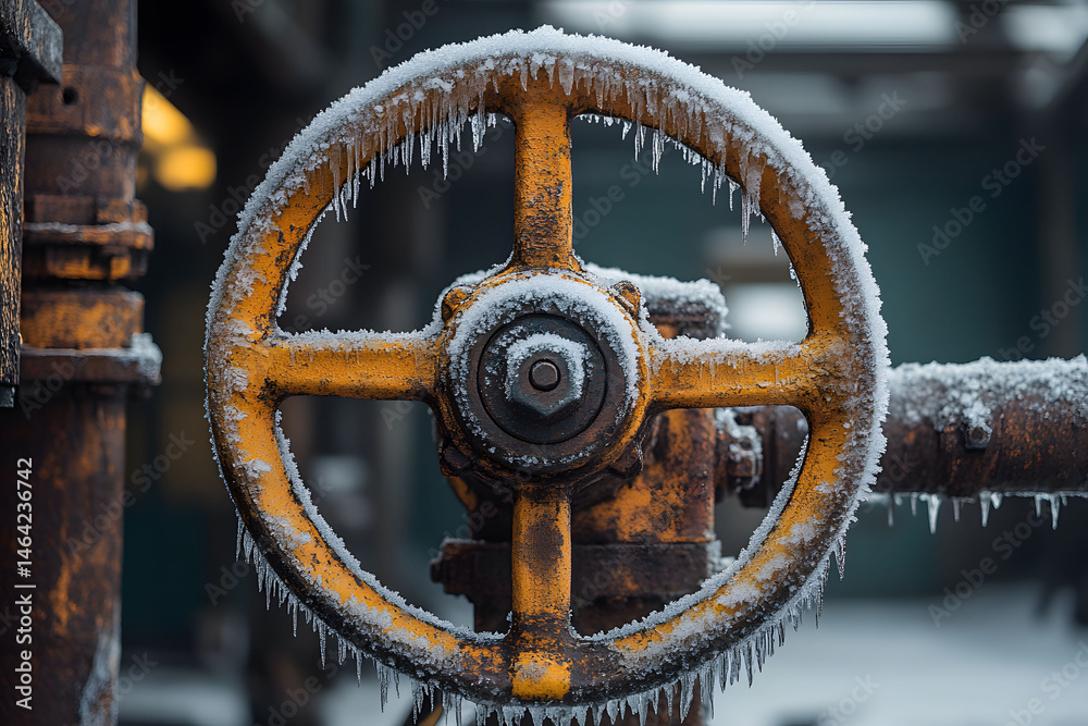Industrial Icy Valve: Winter Cold Effects on Machinery for Stock Photography