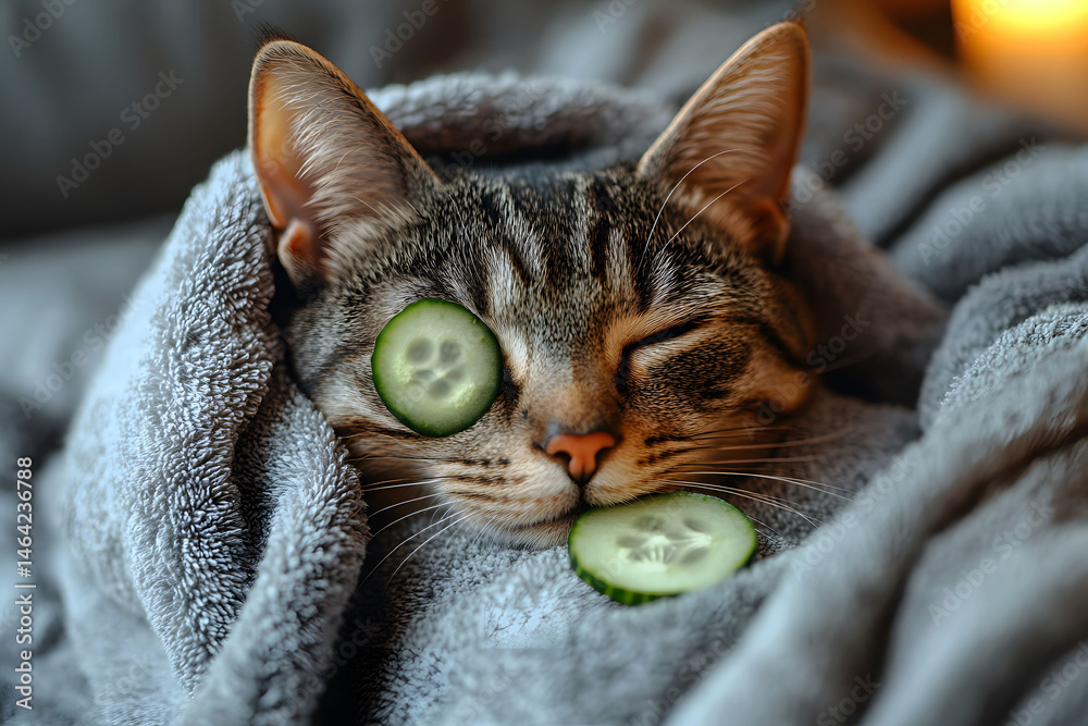 Relaxing Tabby Cat with Cucumber Spa Treatment for Stress Relief