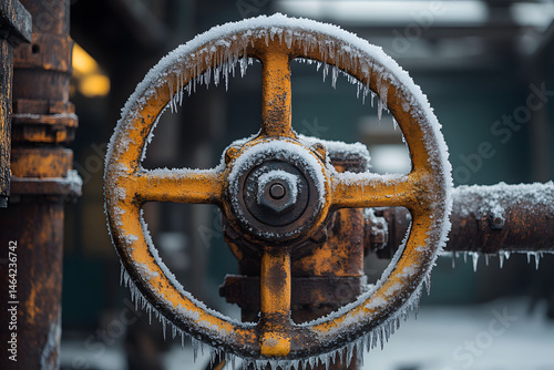 Obraz na płótnie Industrial Icy Valve: Winter Cold Effects on Machinery for Stock Photography w salonie