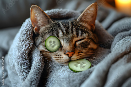 Obraz na płótnie Relaxing Tabby Cat with Cucumber Spa Treatment for Stress Relief w salonie