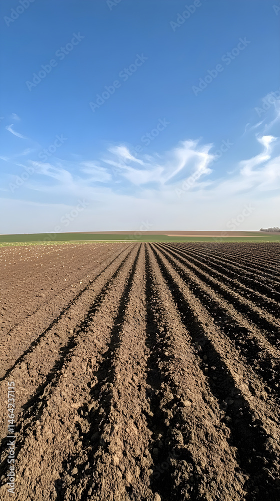 Vast Expanse of Freshly Tilled Land Under a Clear Sky Awaits New Crops