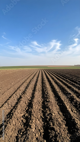 Obraz na płótnie Vast Expanse of Freshly Tilled Land Under a Clear Sky Awaits New Crops w salonie