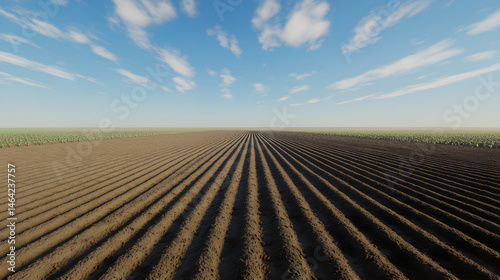 Obraz na płótnie Vast Expanse of Freshly Tilled Land Under a Clear Sky Awaits New Crops w salonie