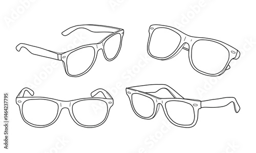 Vector set of hand-drawn eyeglass frames. Black and white outline illustrations of optical and sunglasses frames. Ideal for coloring books, fashion design, and branding projects.