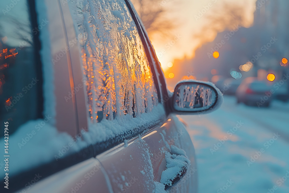 Winter Sunrise on Icy Car Window Frosty Urban Morning Scene for Seasonal Design