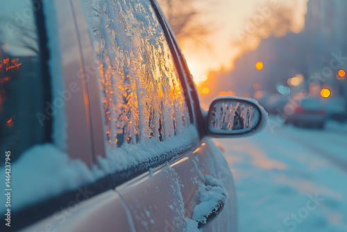Obraz na płótnie Winter Sunrise on Icy Car Window Frosty Urban Morning Scene for Seasonal Design w salonie