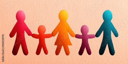 Colorful silhouette family holding hands together representing unity and connection with vibrant shades of red, orange, and blue showcasing love, togetherness, and emotional bonds among diverse