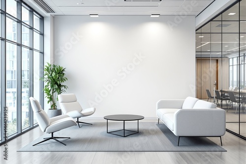 Contemporary office lounge with white sofa and chairs, minimalist style, large glass windows, indoor plant on clean background, concept of architecture. Ai generative