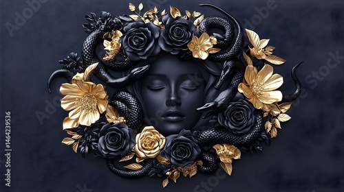 Serene black face framed by gold & black flowers and snakes