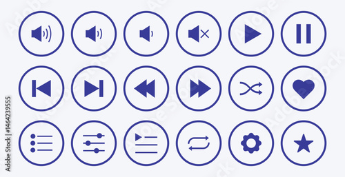 Collection of audio player control button sign design. Flat style audio player control button symbol. Play, pause, stop, repeat, back and next button icon flat design. Set of Media player icons