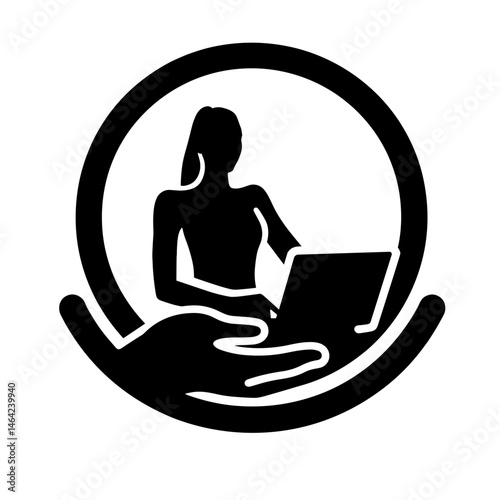 Silhouette of remote work badge with palm and laptop icon, black and white, workation and telecommuting concept