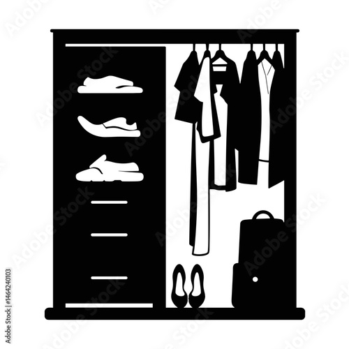 Silhouette of Closet with Clothing and Shoes on White Background, Eco-Friendly Fashion Concept