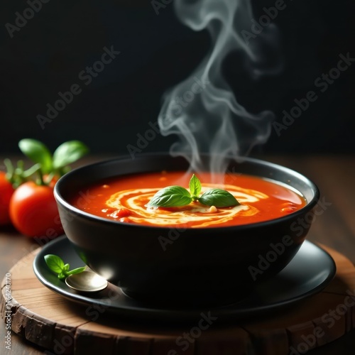 Rich red tomato soup simmers, steam swirling above , still life, texture