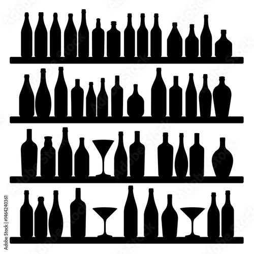 Silhouette of bar shelves with glass bottles on white background, zero-waste and sustainability in bar concept