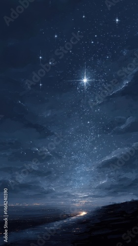 Night sky over a tranquil coastal landscape.
