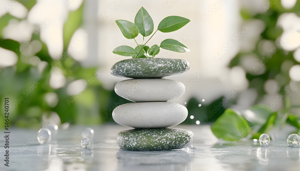 Obraz premium Serene stones stacked with a small plant sprout, amidst a tranquil, dewy setting