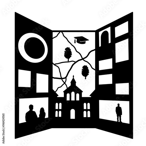 Silhouette of college brochure with campus map and photos, black and white, education preparation concept