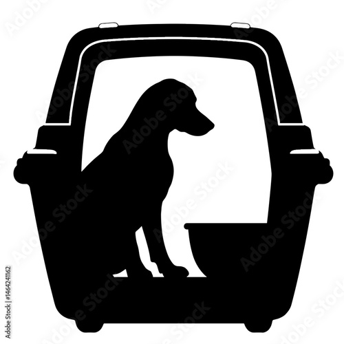 Silhouette of pet carrier with food and water bowl inside, black and white, veterinary care symbol