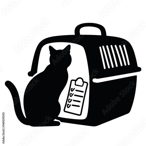 Silhouette of a cat with a carrier and travel checklist, black and white, pet-friendly holidays concept