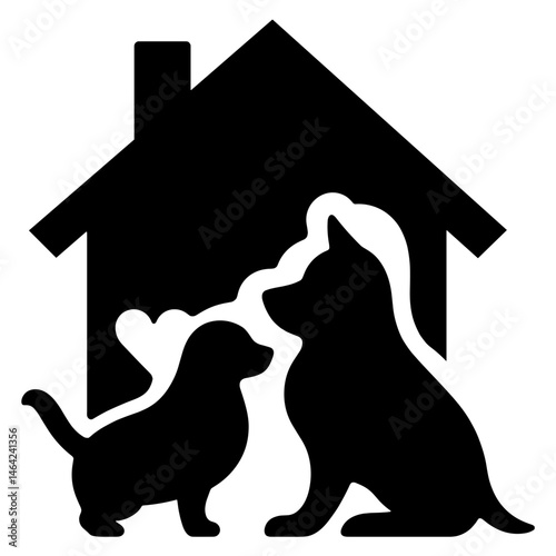 Silhouette of pets in cozy home symbol, black and white, pet-friendly housing concept