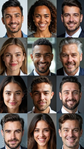 A vibrant collection of close-up headshots featuring happy individuals from various ethnicities and ages, all engaged in a professional setting, smiling confidently.