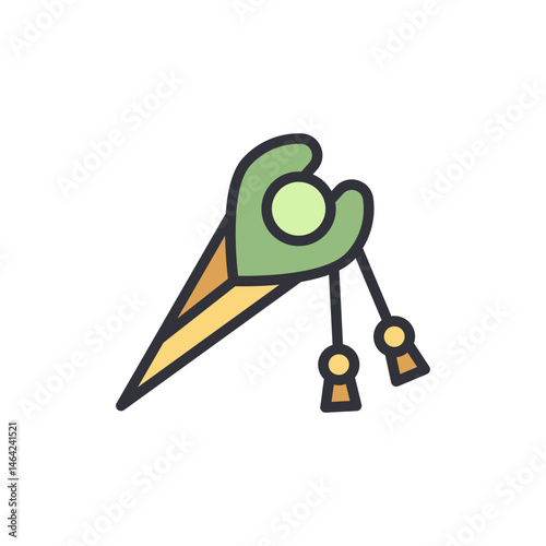 Ornate hair stick with tassel accents and abstract green and gold design