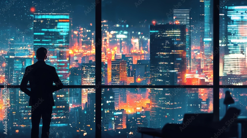 Fototapeta premium Silhouette figure gazing at a vibrant city panorama at night.