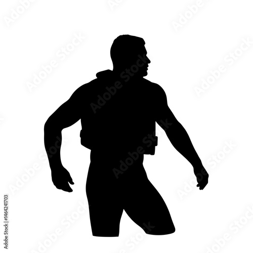 Silhouette of Swimmer Using Flotation Belt on White Background, Hydro Sports Concept