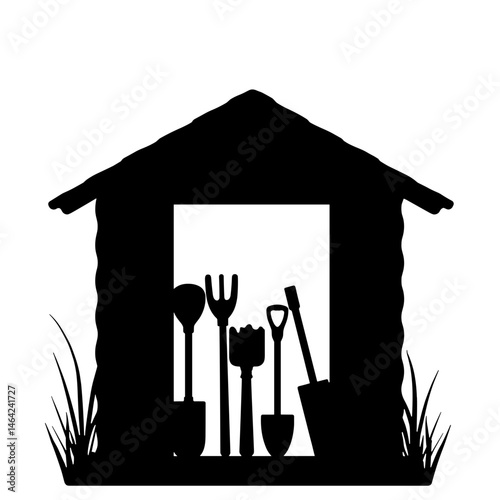 Silhouette of garden shed with tools on white background, agribusiness and gardening concept