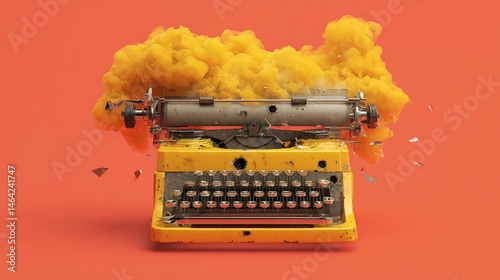 A yellow typewriter with smoke coming out of it. The typewriter is broken and has a hole in it