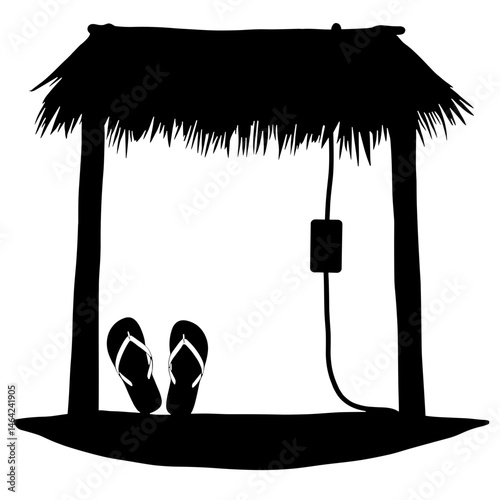 Silhouette of flip-flops and power strip in a beach hut, black and white illustration of work-life balance concept