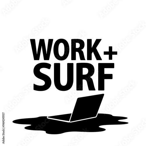 Work and Surf Silhouette with Laptop on Beach, Workation and Remote Working Concept