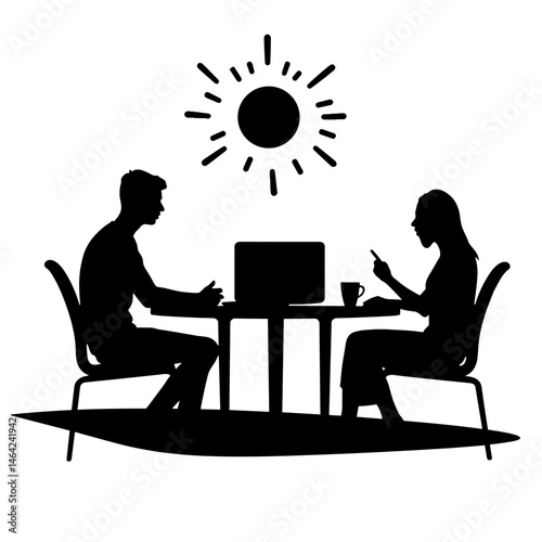 Silhouette of two people working at a table with sun symbol, remote work and workation concept