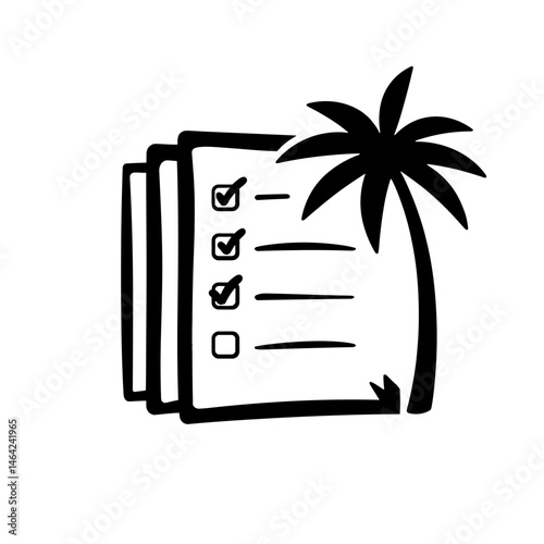Silhouette of Checklist with Tiny Palm Icon on White Background, Workation Concept